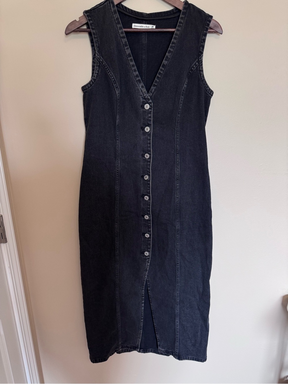 Abercrombie & Fitch Black Denim Button-Up Front Midi Dress